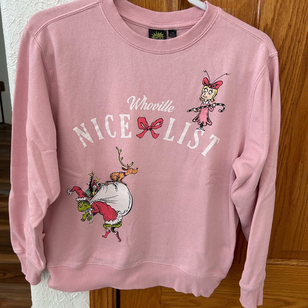 WHOVILLE NICE LIST GRINCH Lightweight Sweatshirt Medium Light Pink